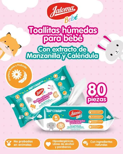 TOALLITAS HUMEDAS P/ BEBE JALOMA C/ EXTRAC DE MANZAN Y CALEND